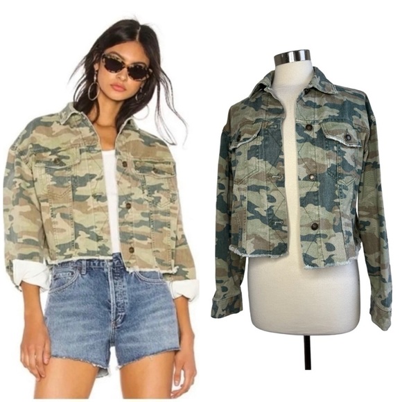 FREE PEOPLE Oversized Camo Printed Denim Jacket size XS - Picture 1 of 13